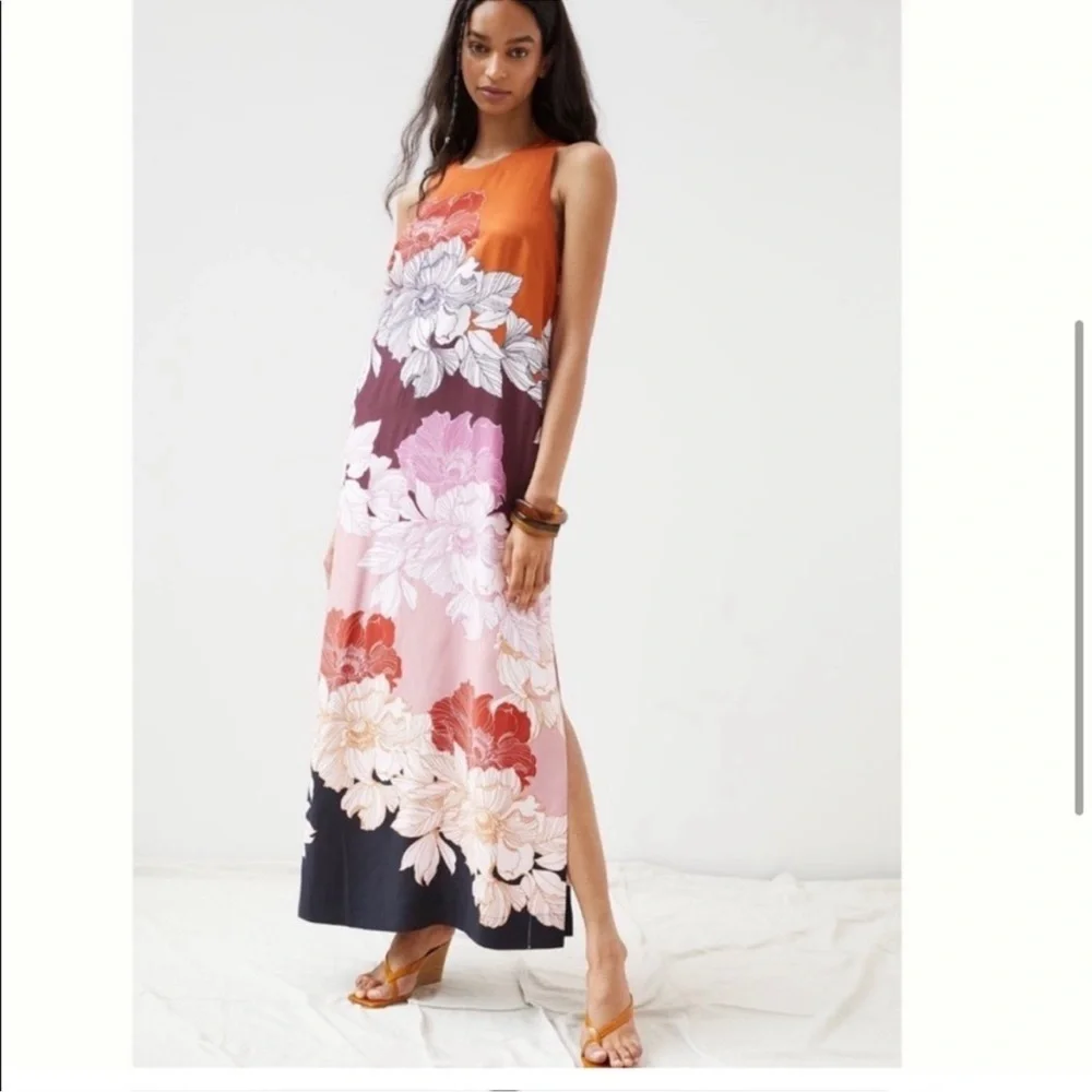 Anthropologie Maeve Maxi Dress Women’s XL Floral Twist Back Orange Slit Sides Q - Picture 3 of 11